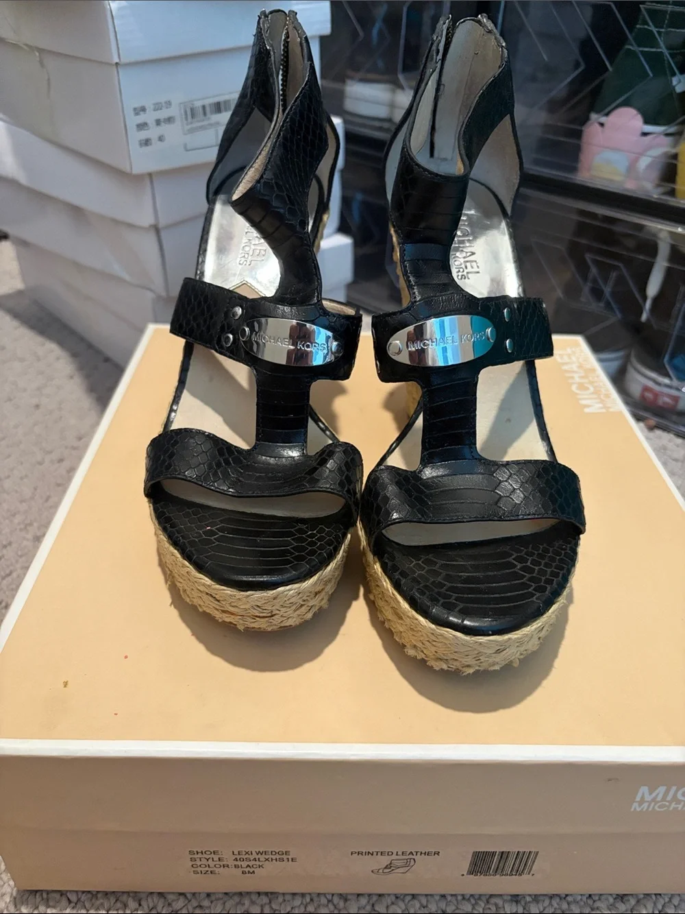 Michael Kors Black Faux-Snake Espadrille Wedge Sandals